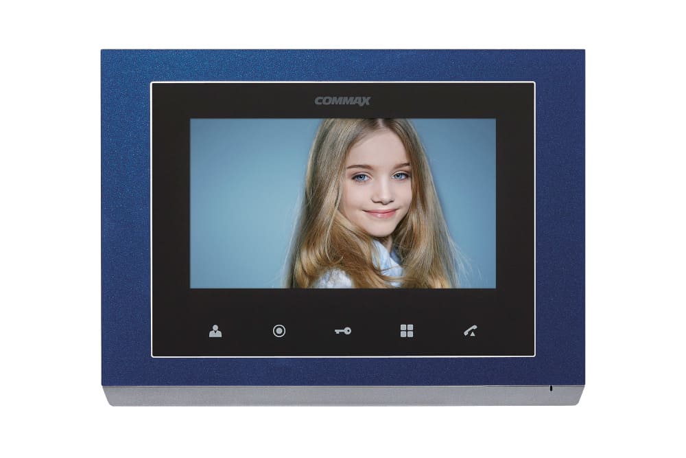 COMMAX CMV-70S (Blue) Монитор цветного видеодомофона, 7.0", TFT LCD, PAL/NTSC, без трубки (Hands Free), накладное крепление, подключение 2-х вызывных блоков и трубки DP-4VHP, вызов и связь "трубка-монитор", возможно использование в многоквартирной систем